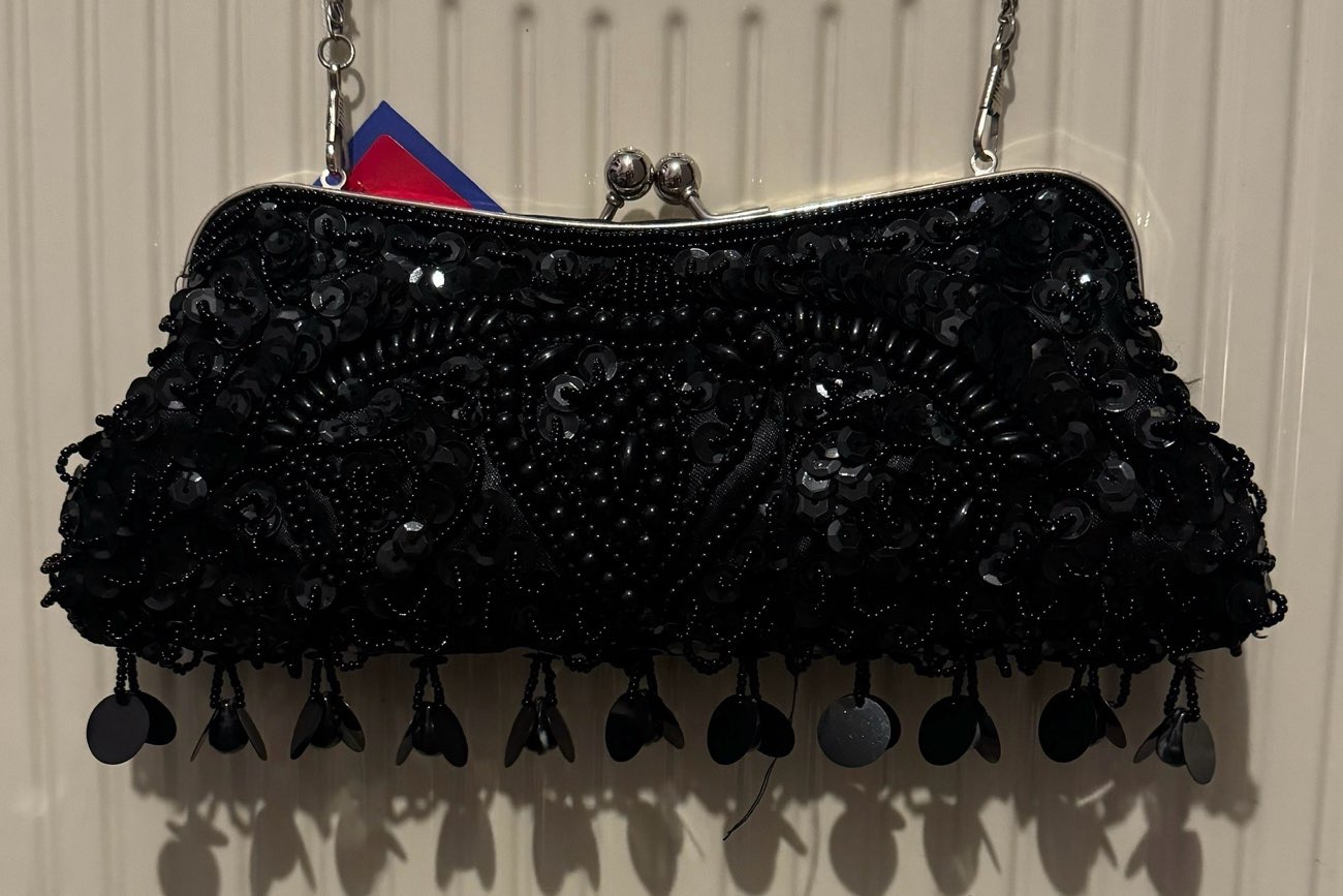 Black Beaded Mini Bag bought at Cancer Research UK for £4.00