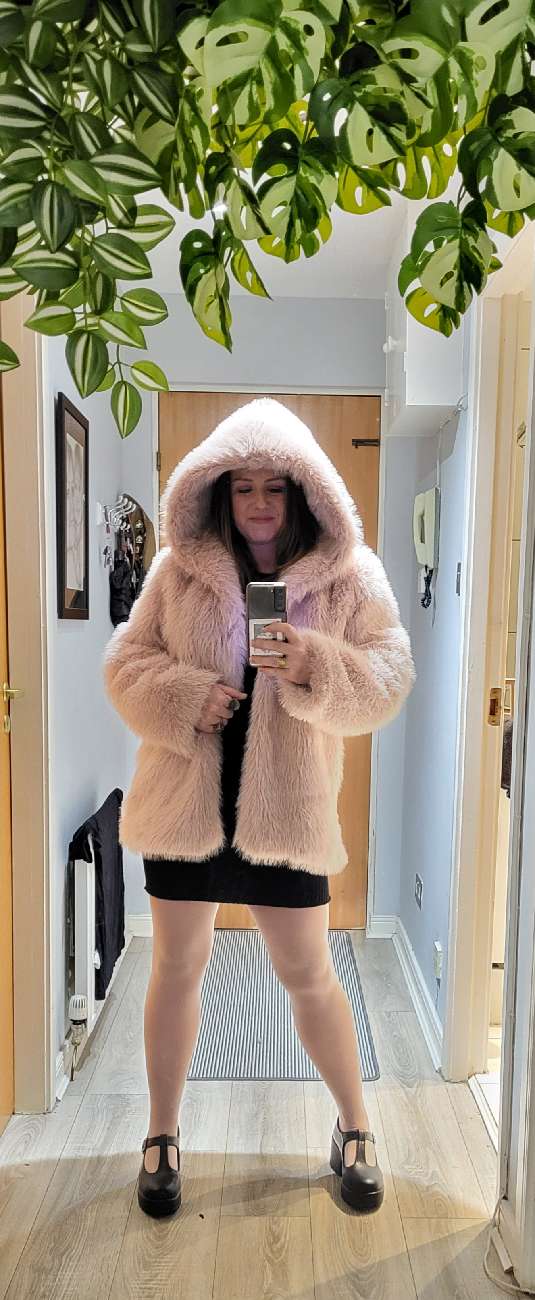 Pink faux fur jacket bought at R:evolve thrift + gift for £15.00