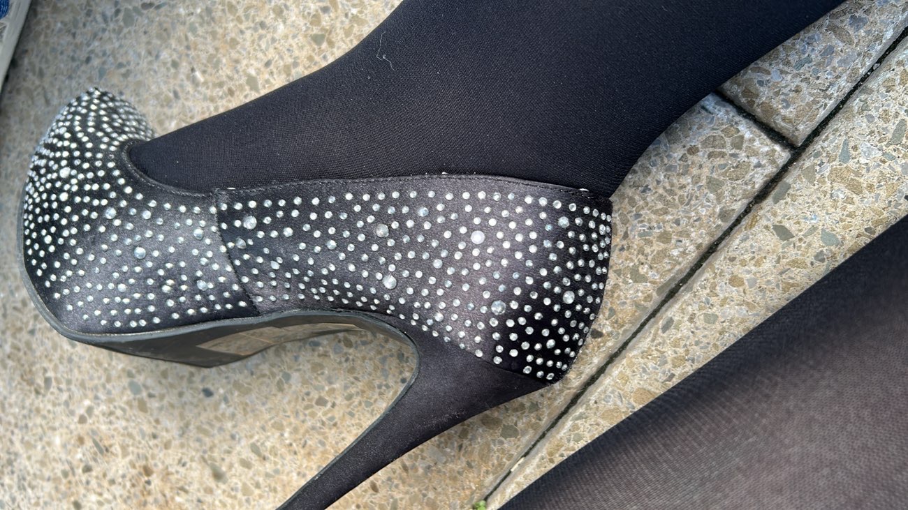 glam y2k heels bought at City Hospice Shop for Β£4.49