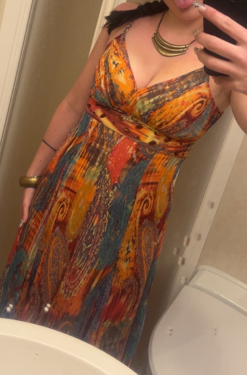 multicolour vintage dress bought at St Peter’s Hospice for £5.00