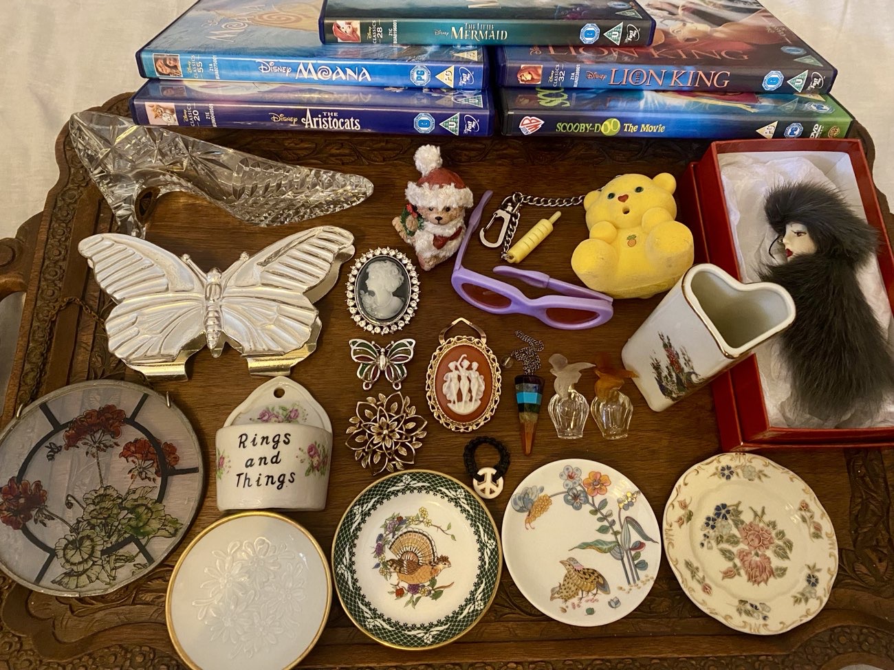 My haul. Mostly around £1 or less each. Except fluffy lady brooch which was £10 down from £12. bought at Hindlip Car Boot Sale