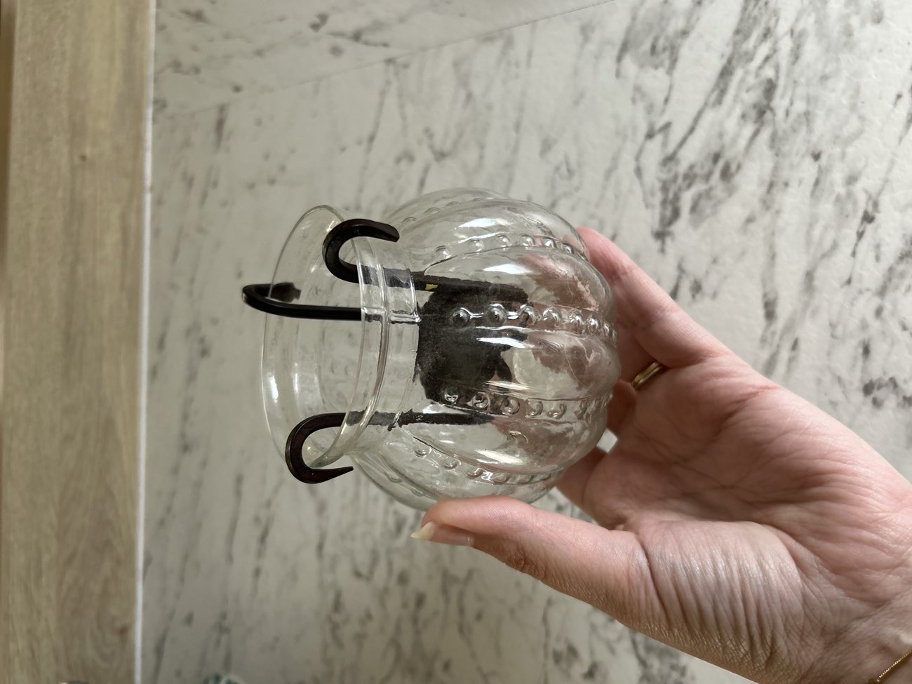 Glass tea light holder bought at Proper Job Resource Centre for £1.50