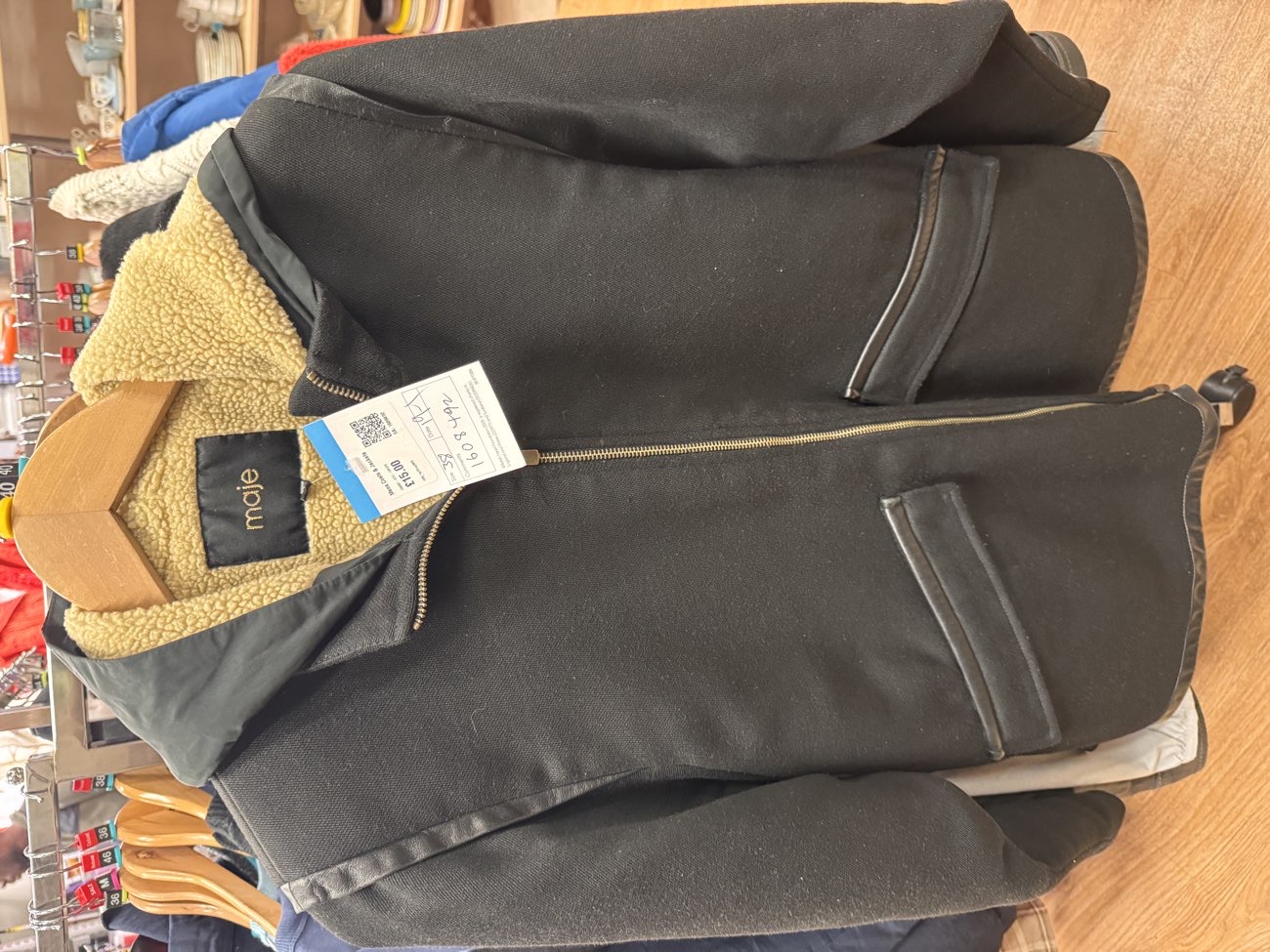 Maje Hooded Jacket with leather trimmings. very cheap for the condition and brand . bought at British Heart Foundation for £15.00