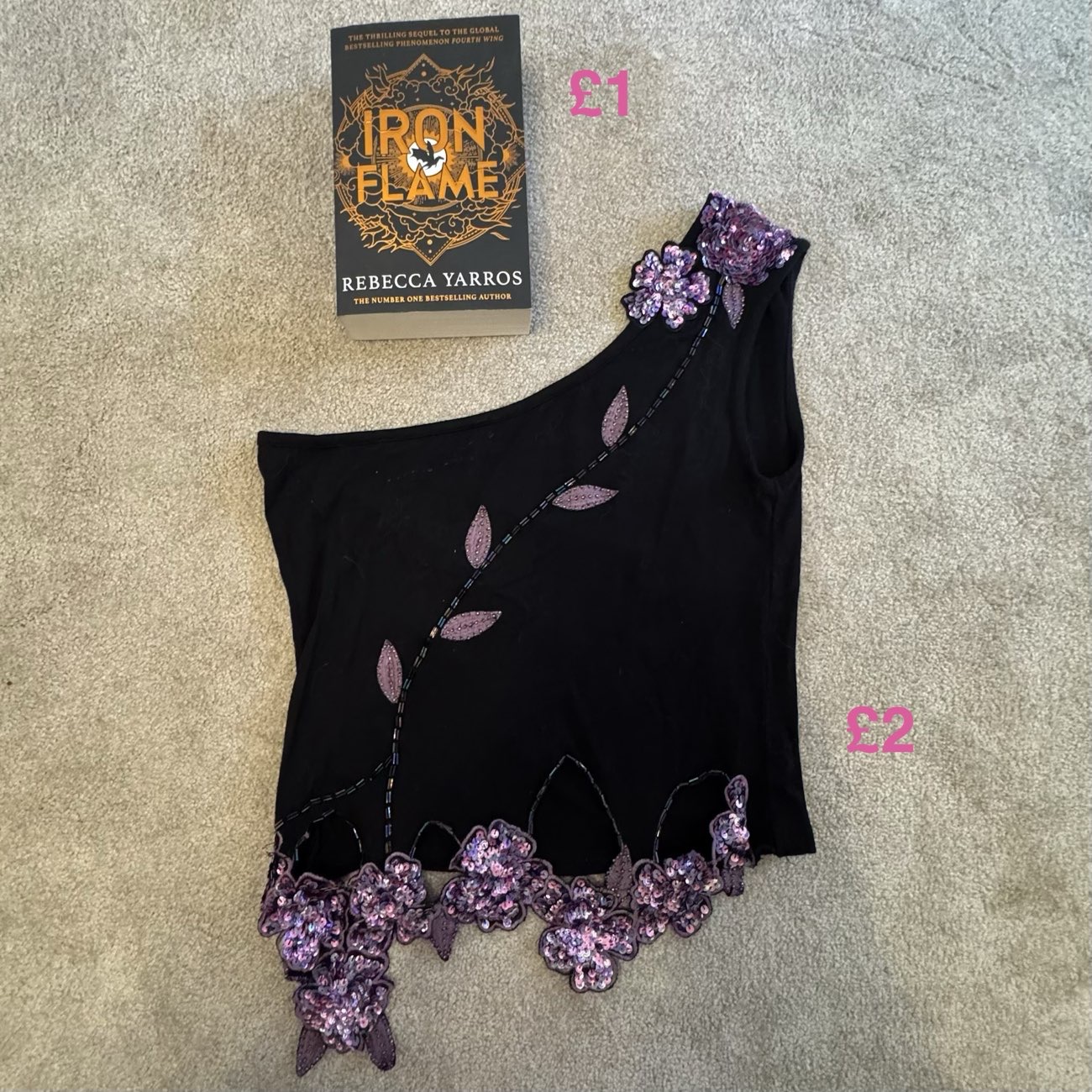 Iron flame book & Therapy off shoulder sequined top. bought at Car Boot Sale 2nd August for £1.00