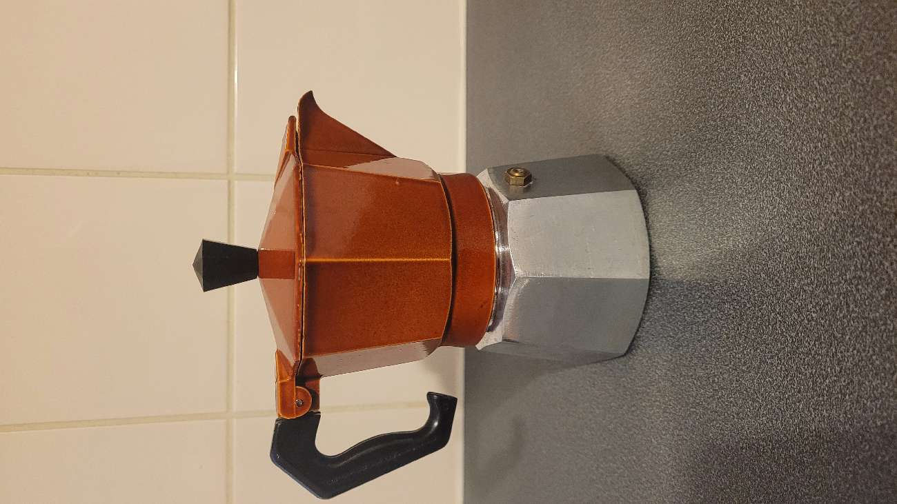 Moka pot in a cool colour bought at British Red Cross for £5.00