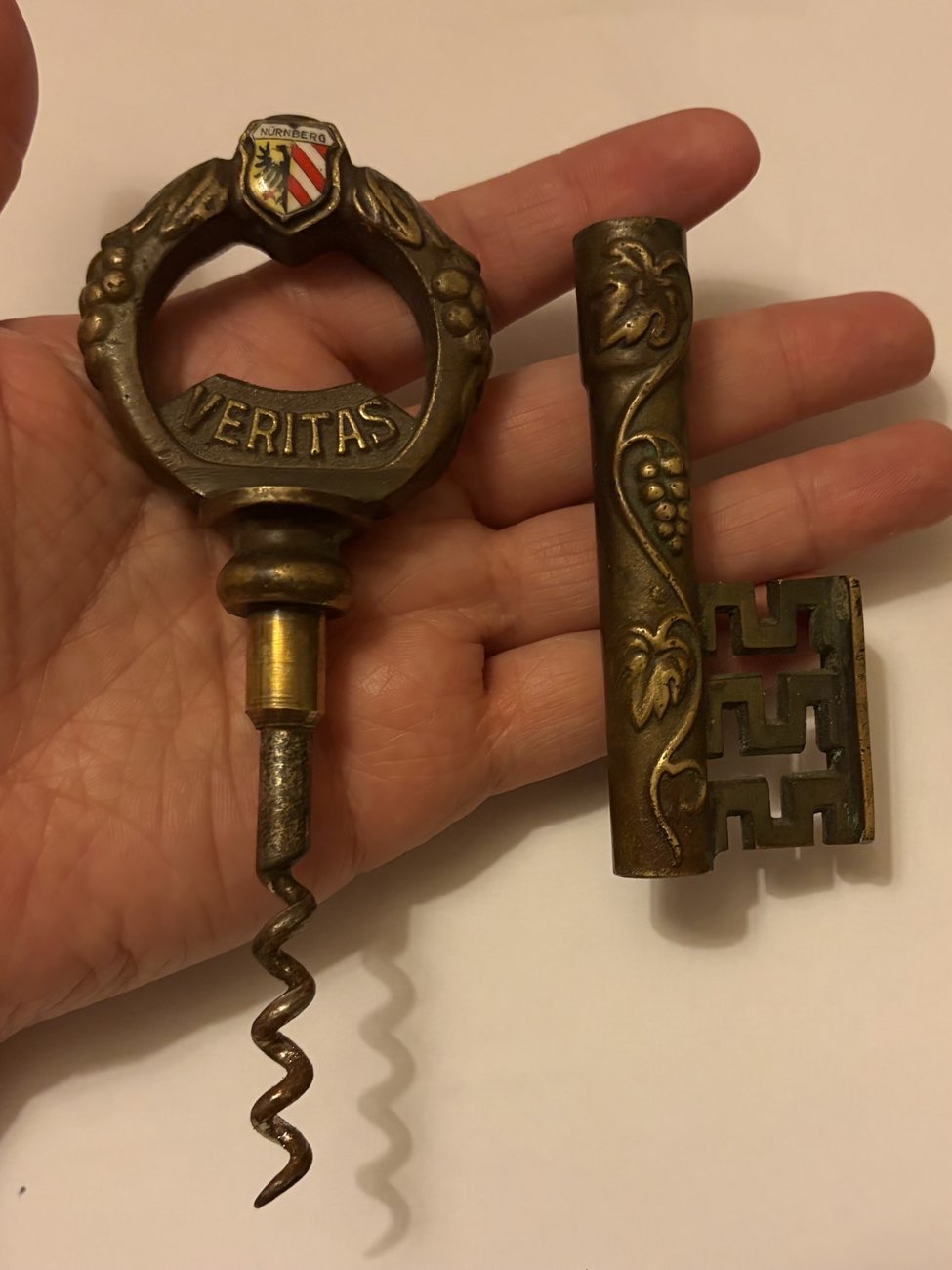 Brass key shaped corkscrew and bottle opener bought at Leominster Antique Centre Minster House for £10.00