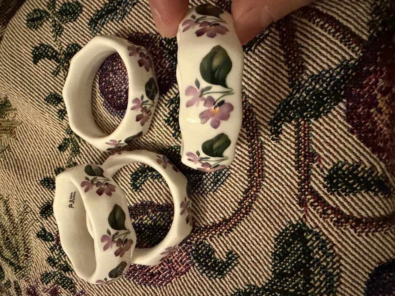 Floral bone china napkin rings product bought at St Richard's Hospice Charity Shop, Mealcheapen Street, Worcester for £5.00