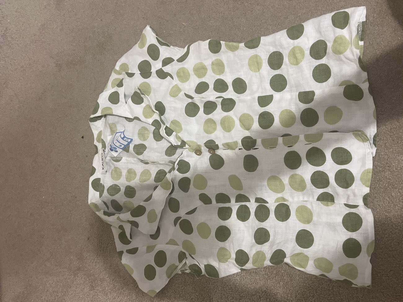 green polka dot blouse bought at Blue Cross charity shop, Chippenham for £3.00