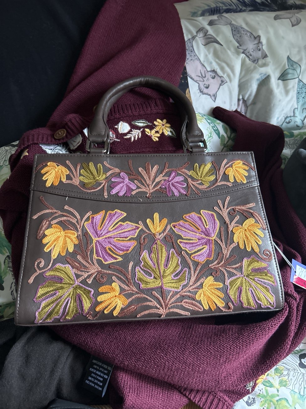 autumnal embroidered bag bought at Cancer Research UK for £10.00