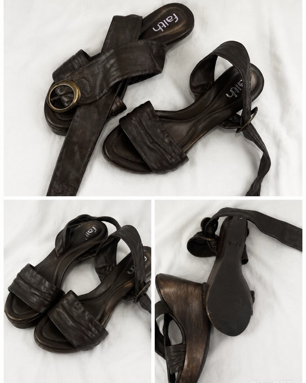 Y2K brown wooden wedge heeled sandles bought at The Hangar by Wisdom Hospice for £6.00