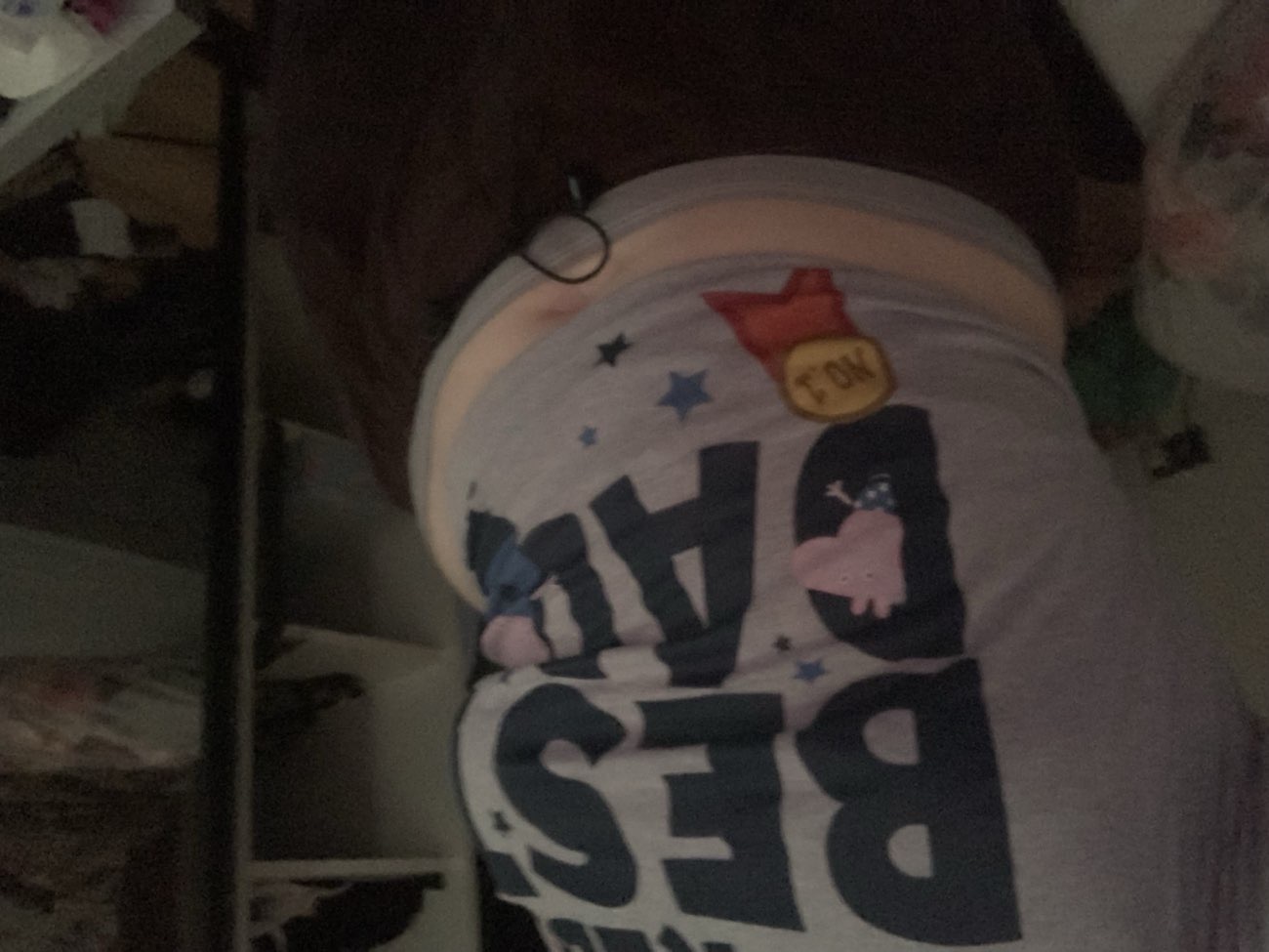 “Worlds best dad” peppa pig shirt. I’m not quite sure how much it actually was but it was definitely under a fiver bought at Churches Trust for £3.00