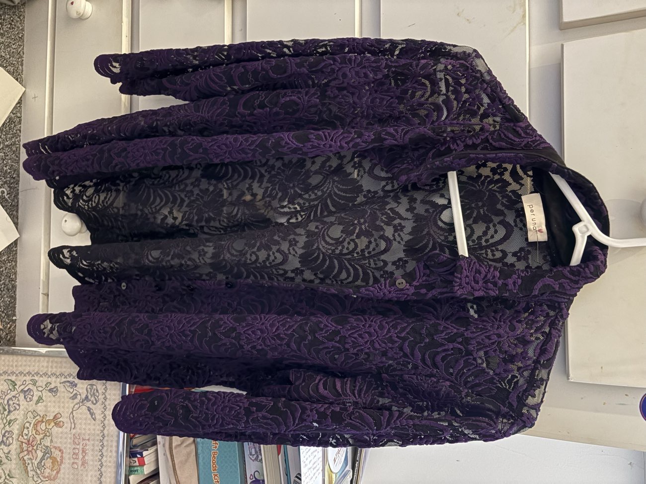 a gorg necklace and a purple lace overshirt i’m planning to use for fabric🫶 bought at Sue Ryder for £5.40