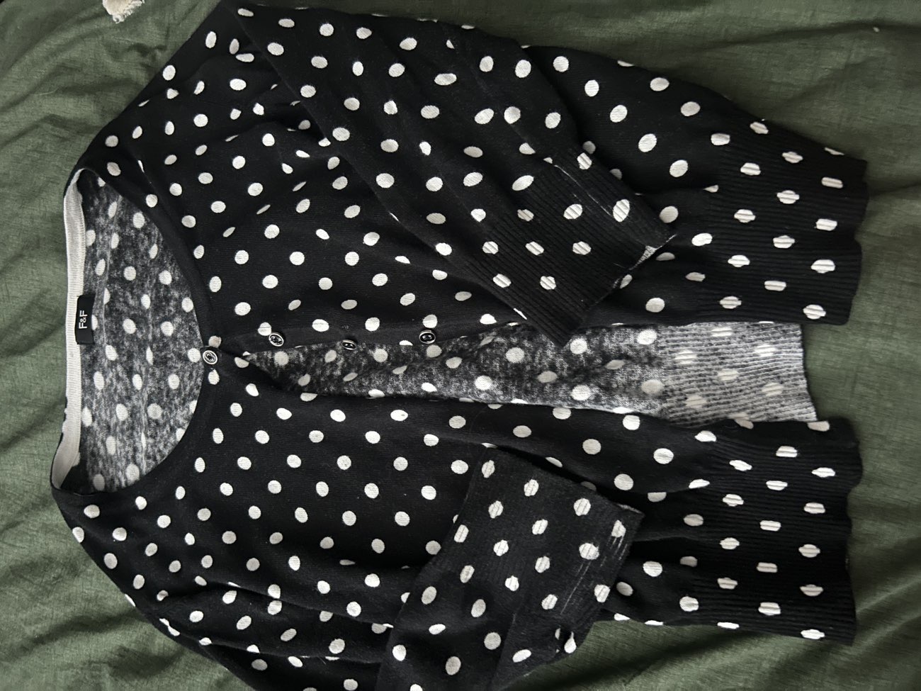 polka dot cardigan bought at Barnardos for £3.50