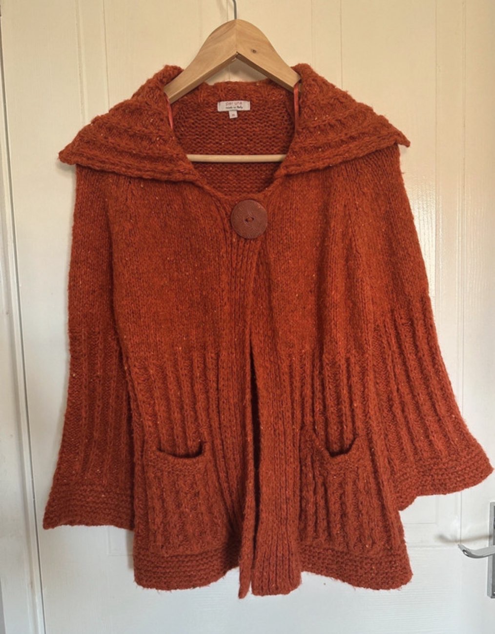 Boho Y2K Pe Una Made In Italy Rust Orange Chunky Knit Cardigan bought at Walnut Tree Community Shop Ltd for £4.00