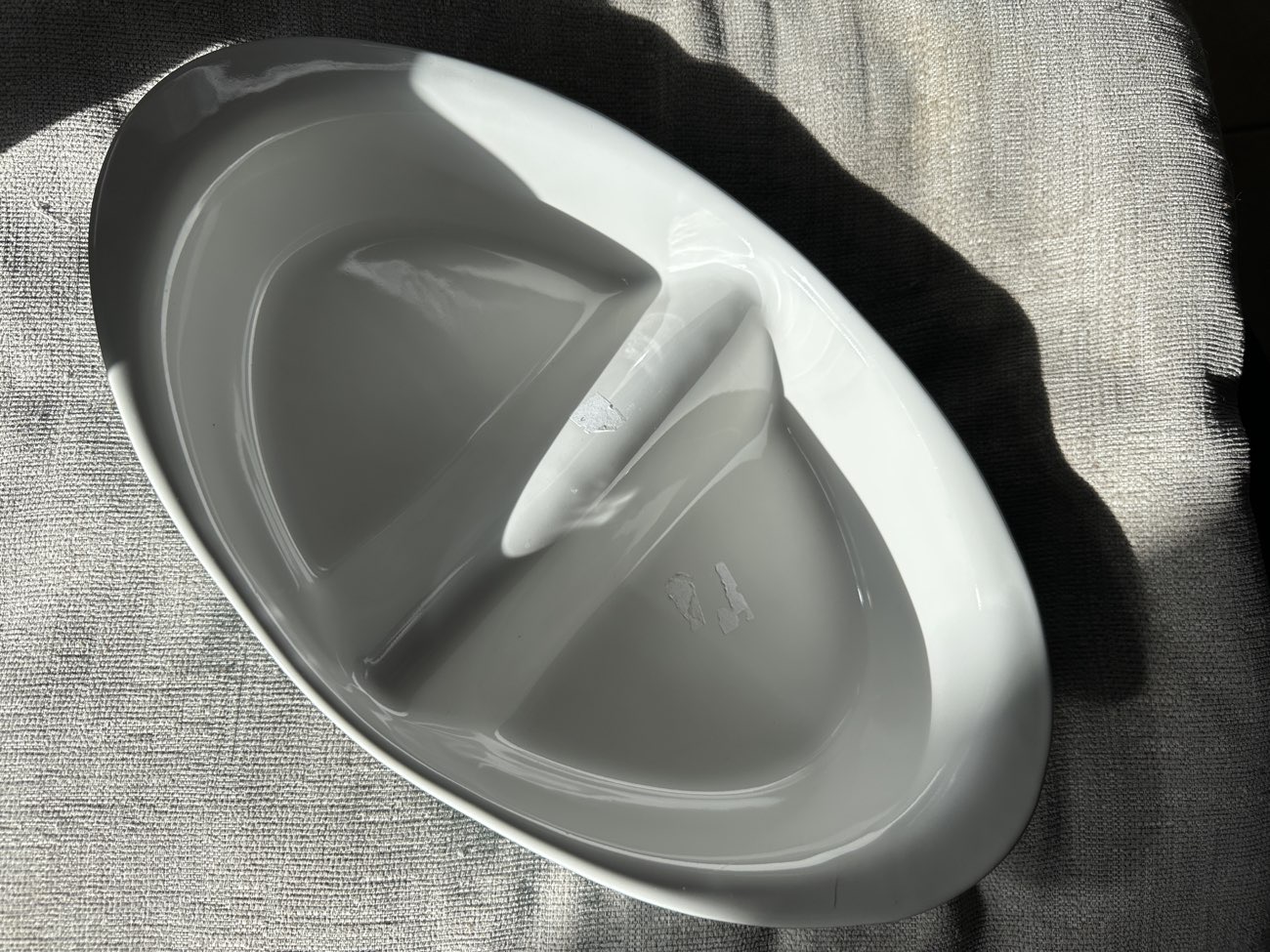 Duckegg oval divided serving baking ceramic dish - no marking so I hope it survives the oven 🤞 bought at The Irish Cancer Society Shop for £3.50