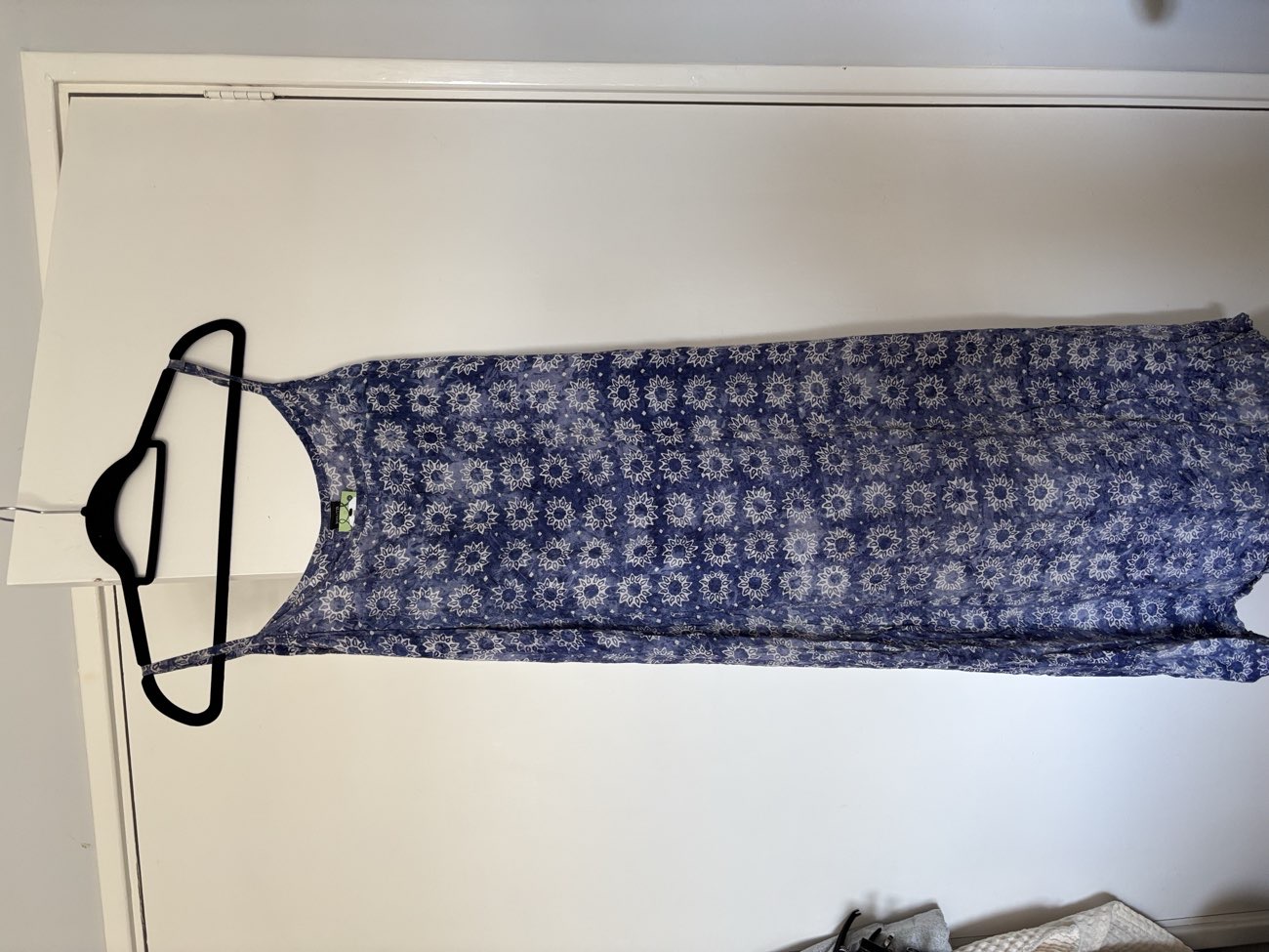blue batik sun print dress bought at Barnardo's for £2.00