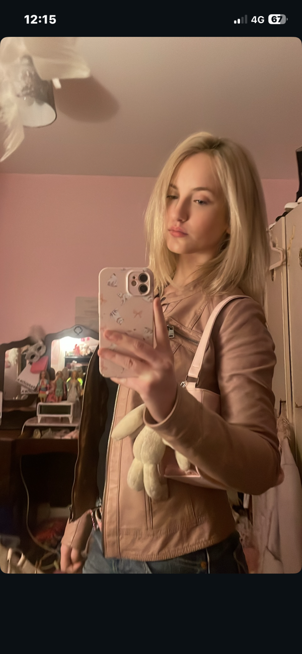 pink ONLY faux leather jacket product bought at APA charity shop for €5.00