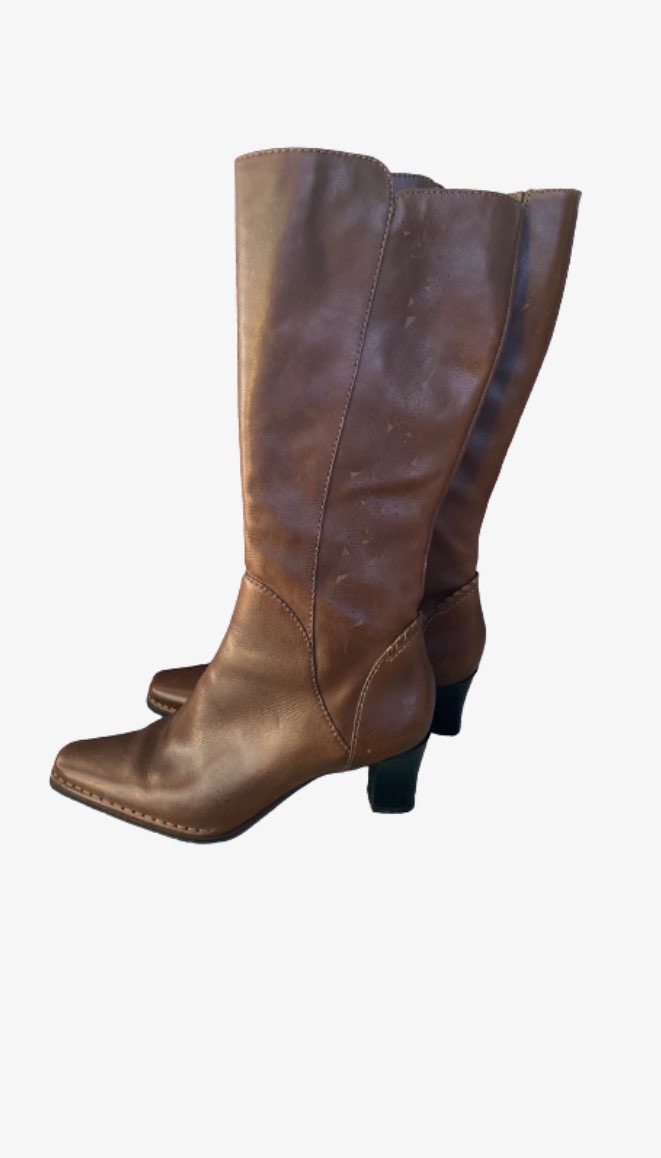 Brown knee-high boots bought at British Heart Foundation for £10.00