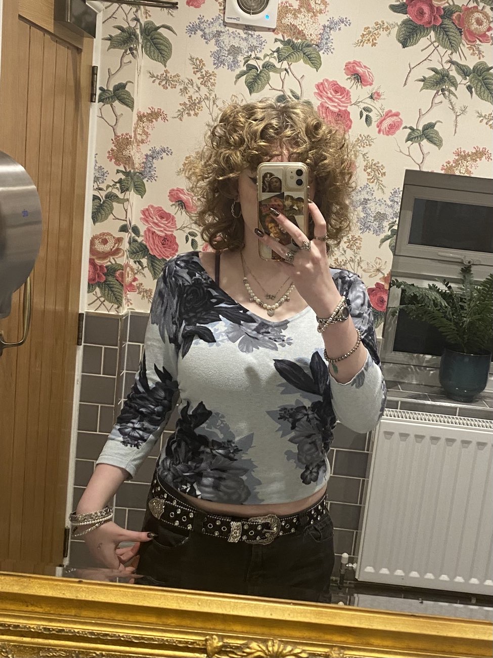 thrifted blue, floral top bought at British Heart Foundation for £2.00
