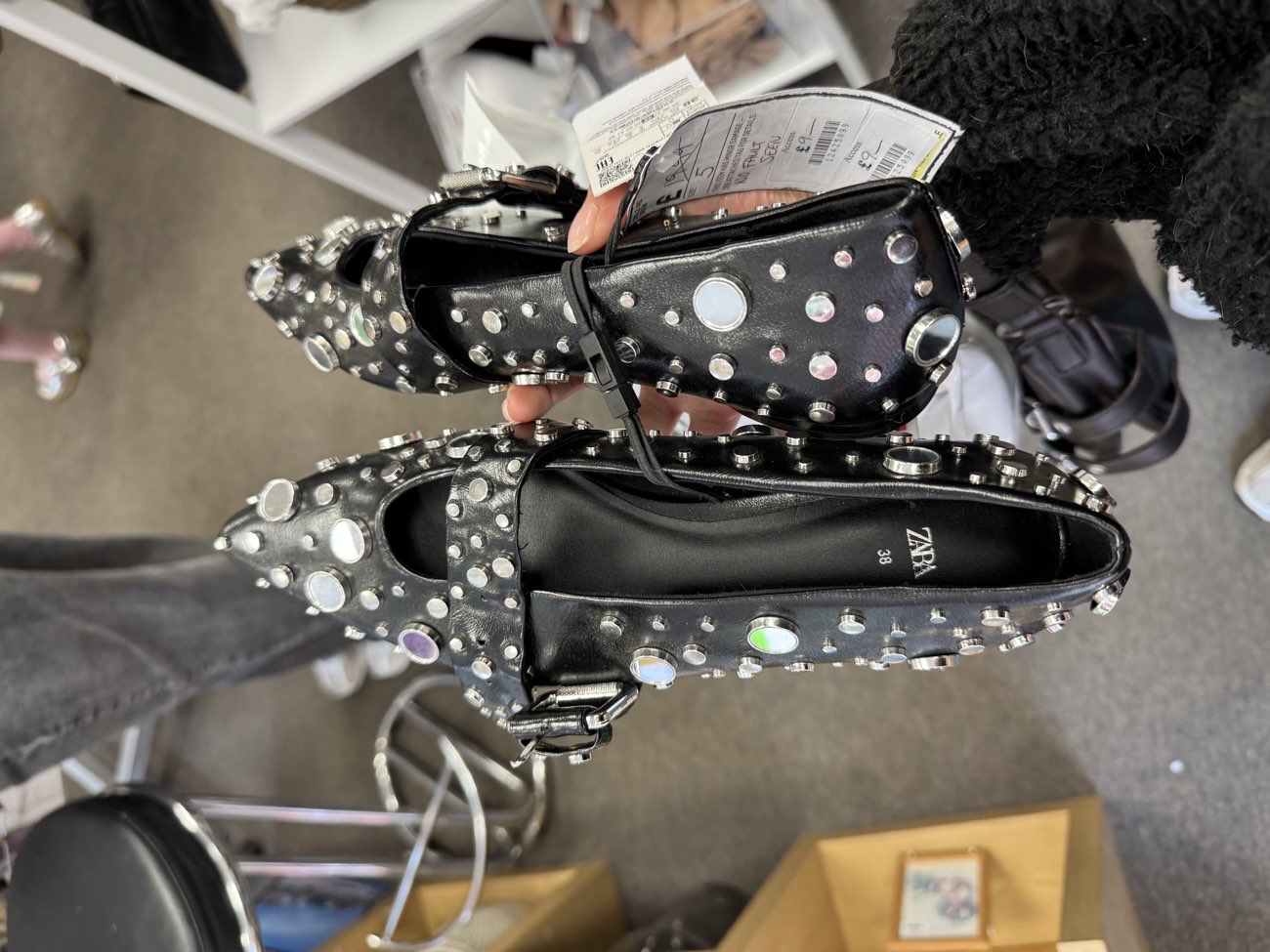 zara stud flats - unfortunately a size too small for me so didn’t buy but I loved these! product bought at Oxfam Shop for £9.00