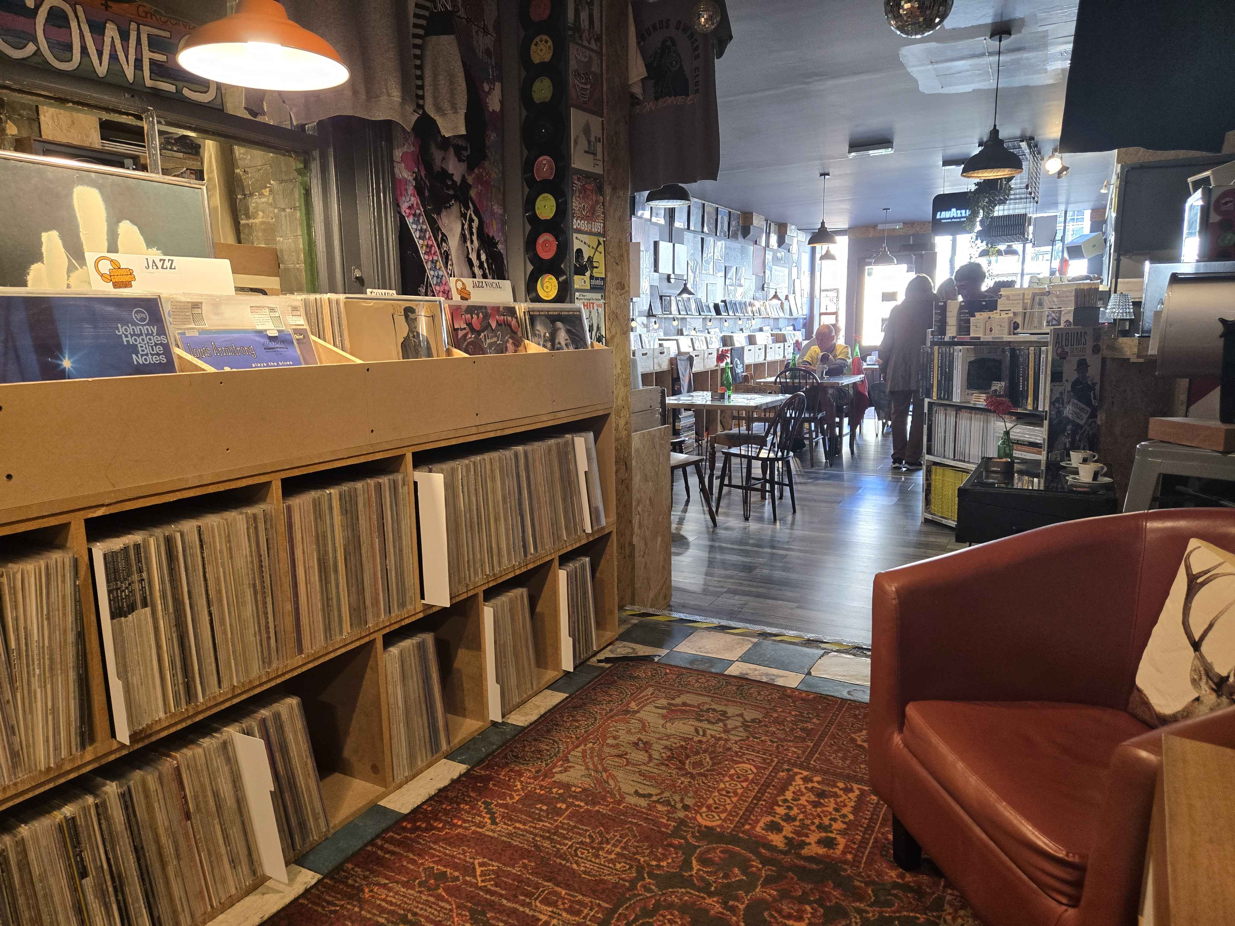 Inside Sounds and Grounds shelves are packed with vintage vinyls, showing the vast collection of records available at the shop