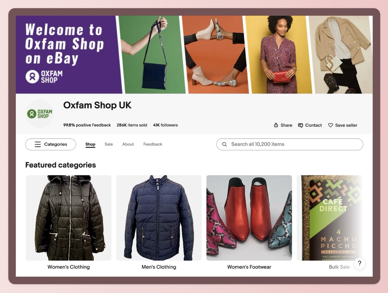 A screenshot of the Oxfam eBay web store