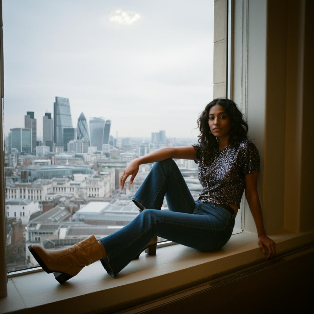 A stylish woman wearing a flared jeans and posing on the edge of a window in London.