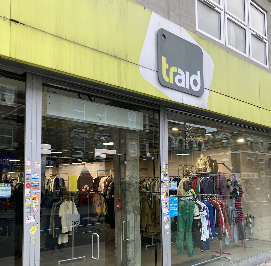 Shop front of the TRAID charity shop in Dalston, North East London.