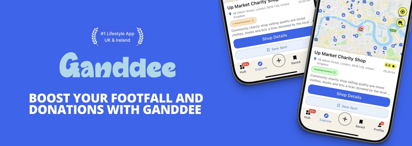 Ganddee app promotional banner showing charity shop listings and a map view with the tagline "Boost your footfall and donations with Ganddee"