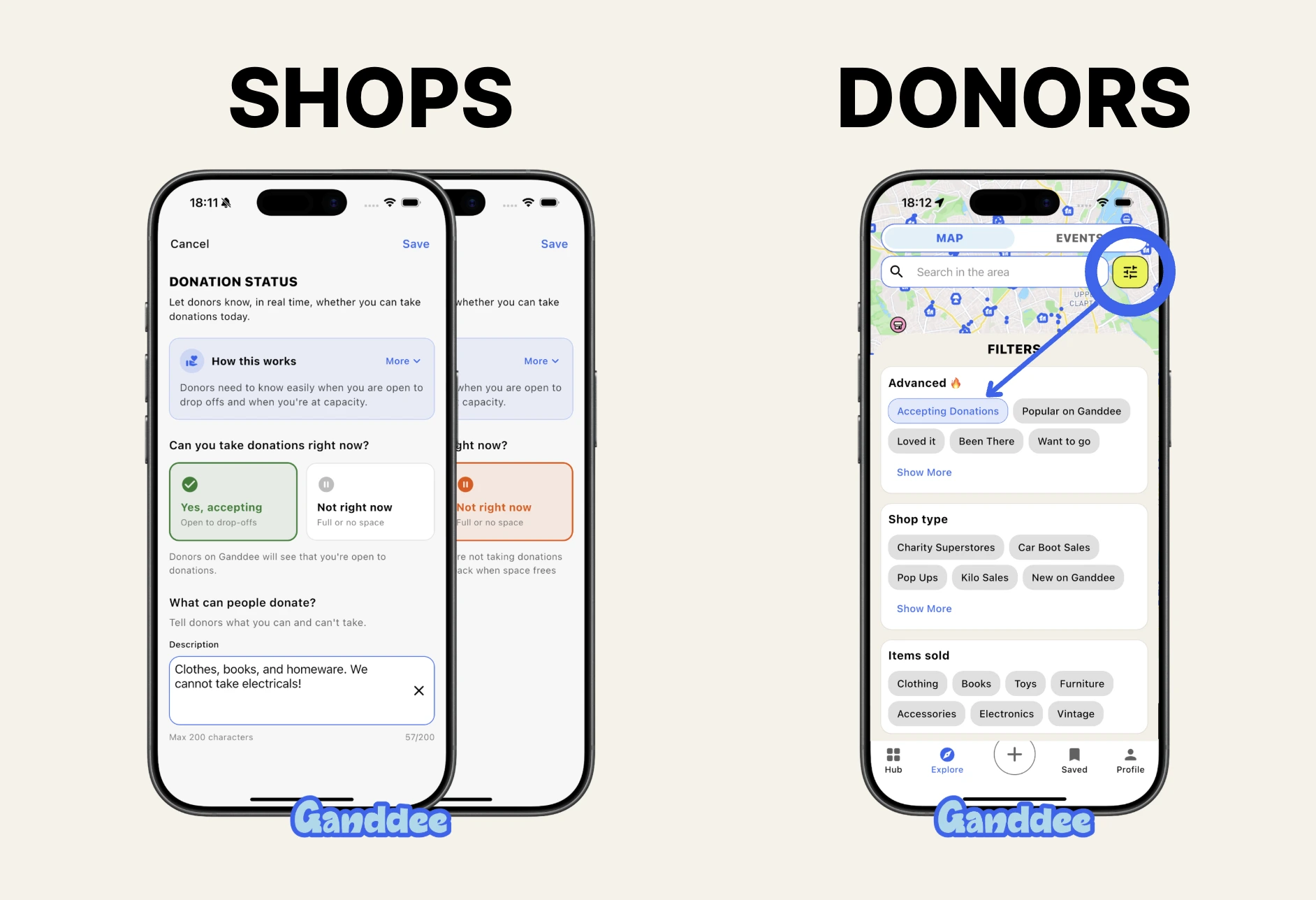 Live donation status for charity shops on Ganddee
