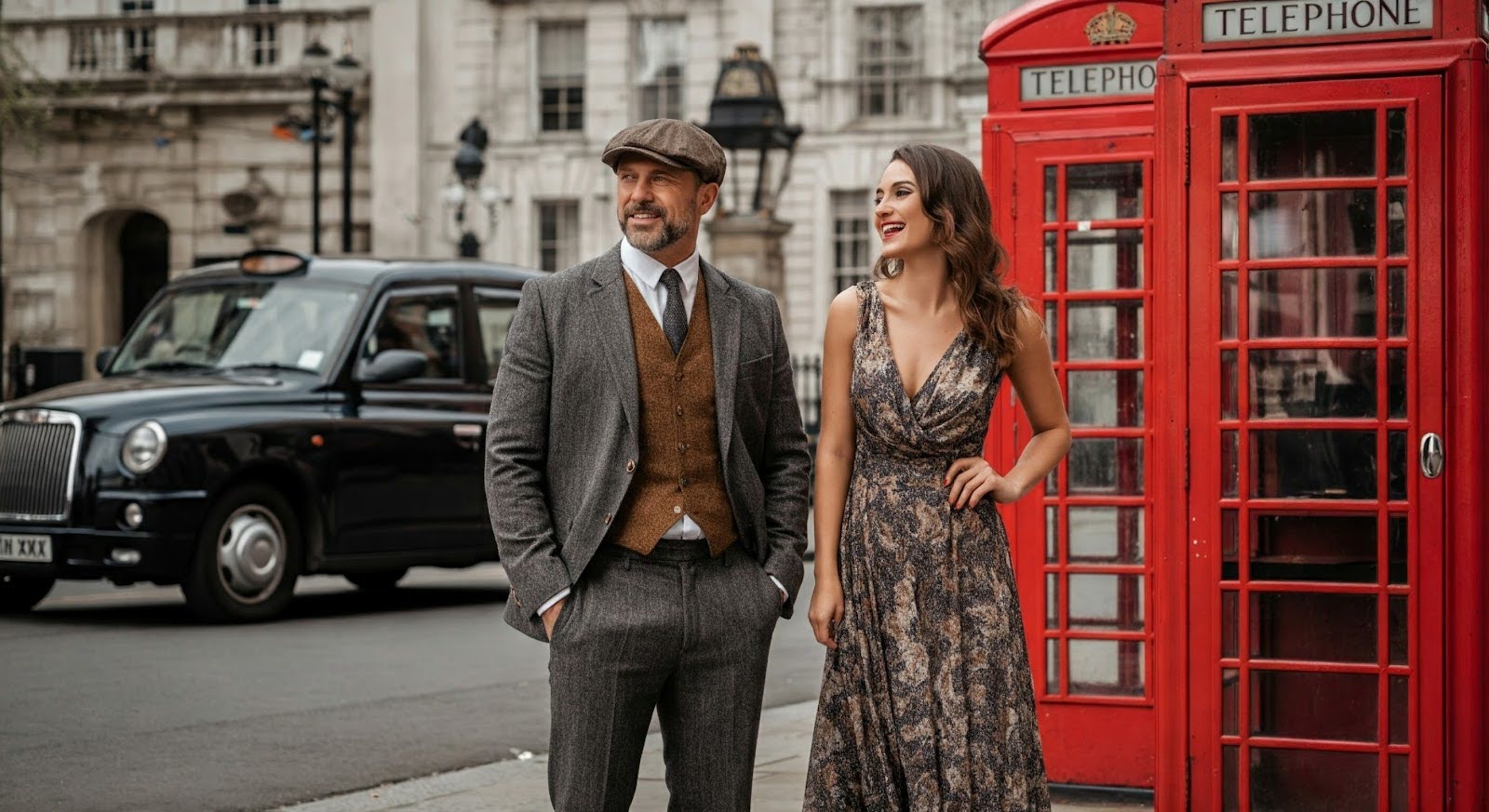 A stylish man and woman stand posing in vintage clothing in a London street next to a red phone box