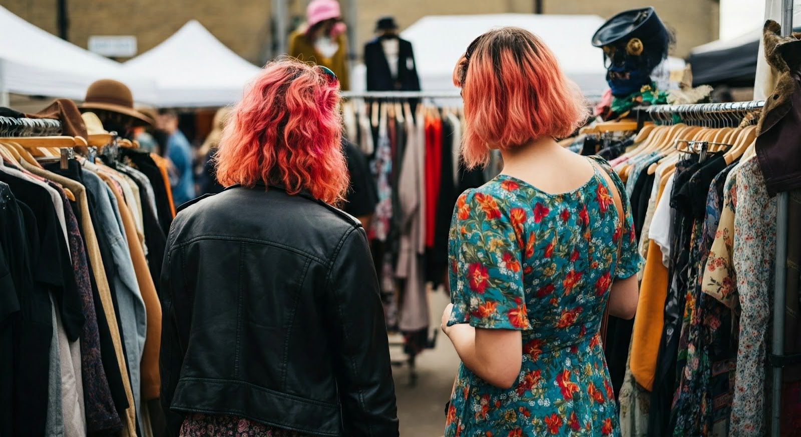 Two modern women in fashionable clothes, shopping at a vintage market in London.