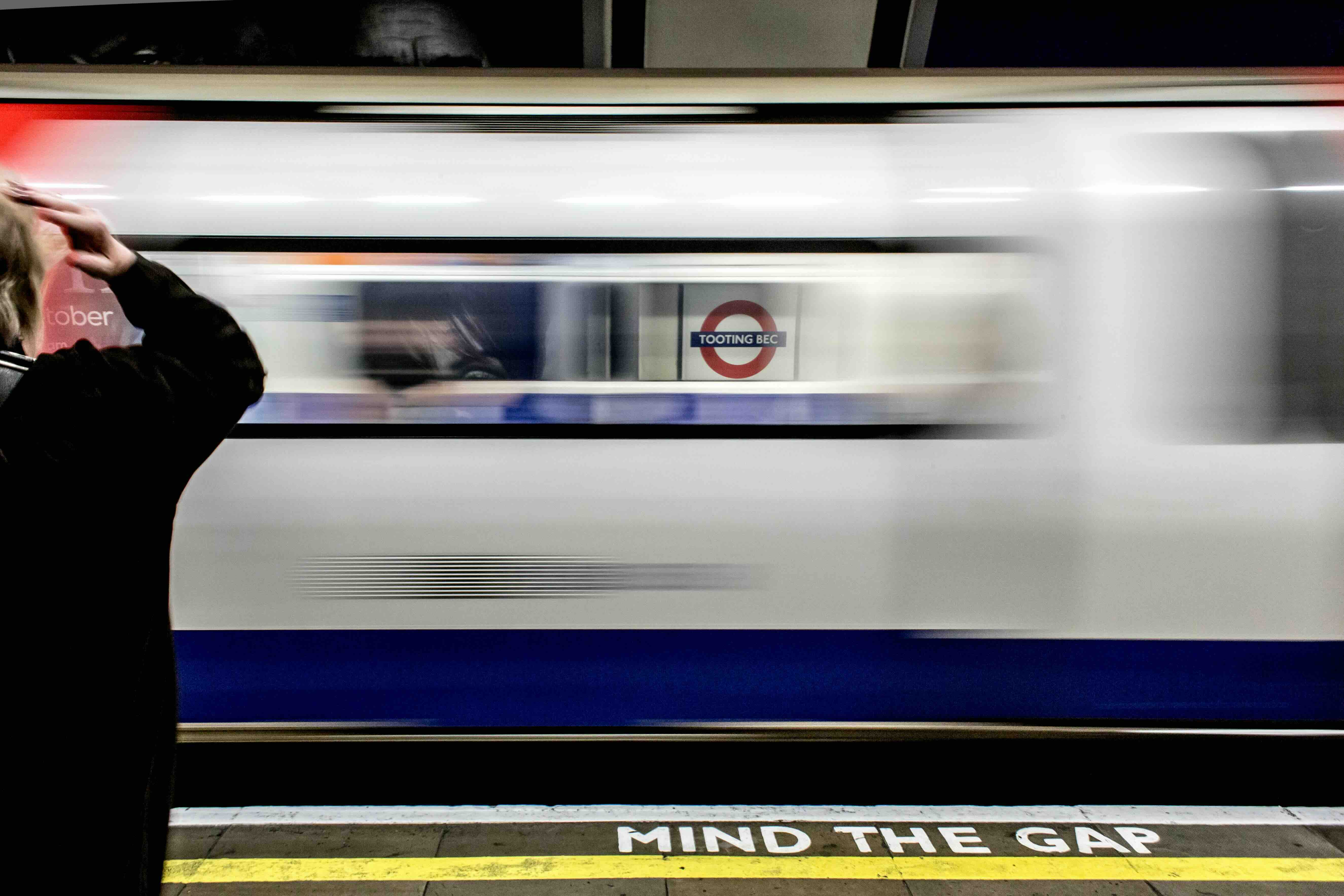 A picture of London's underground train at the Tooting Bec station