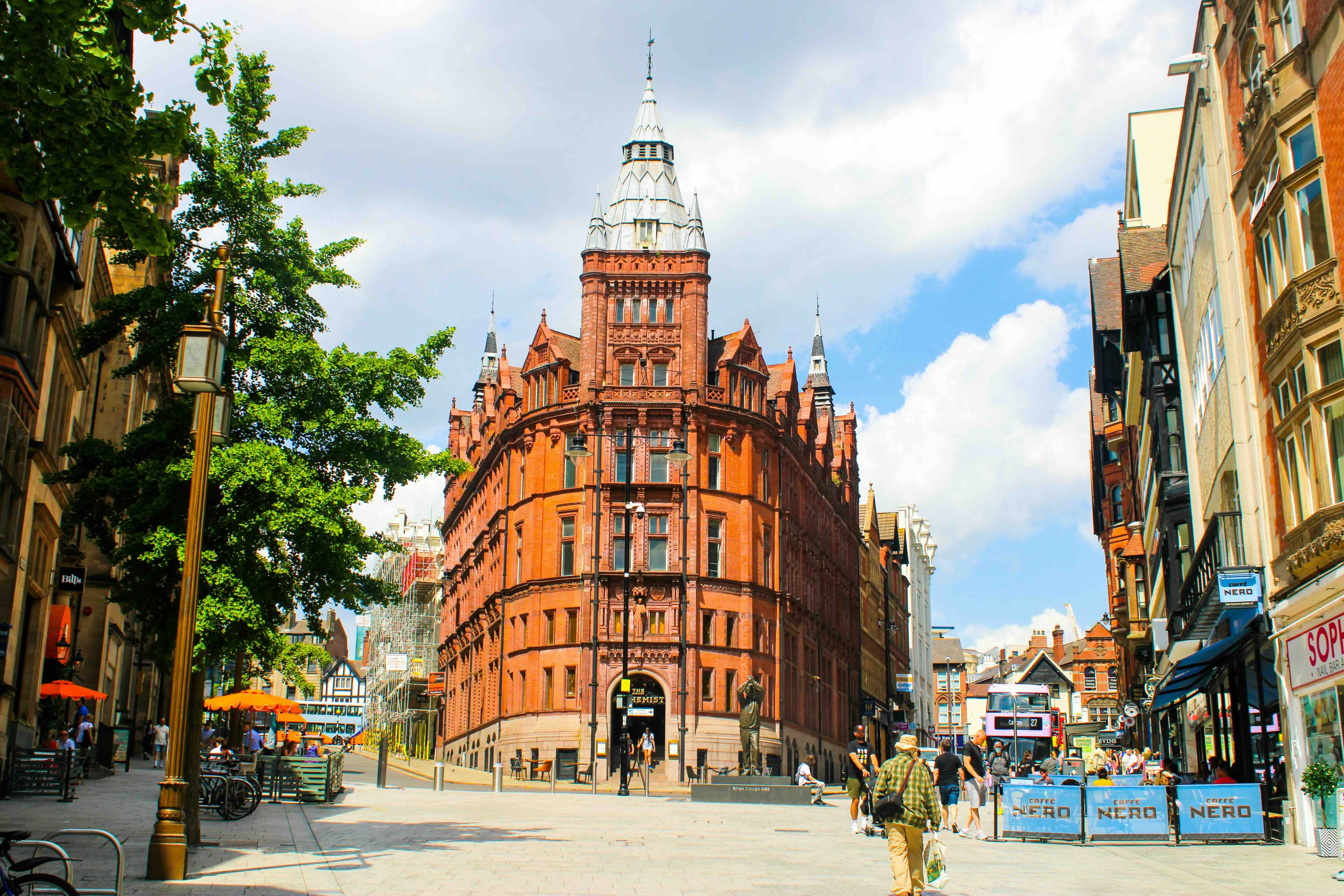 A sunny day with a bustling high street in Nottingham