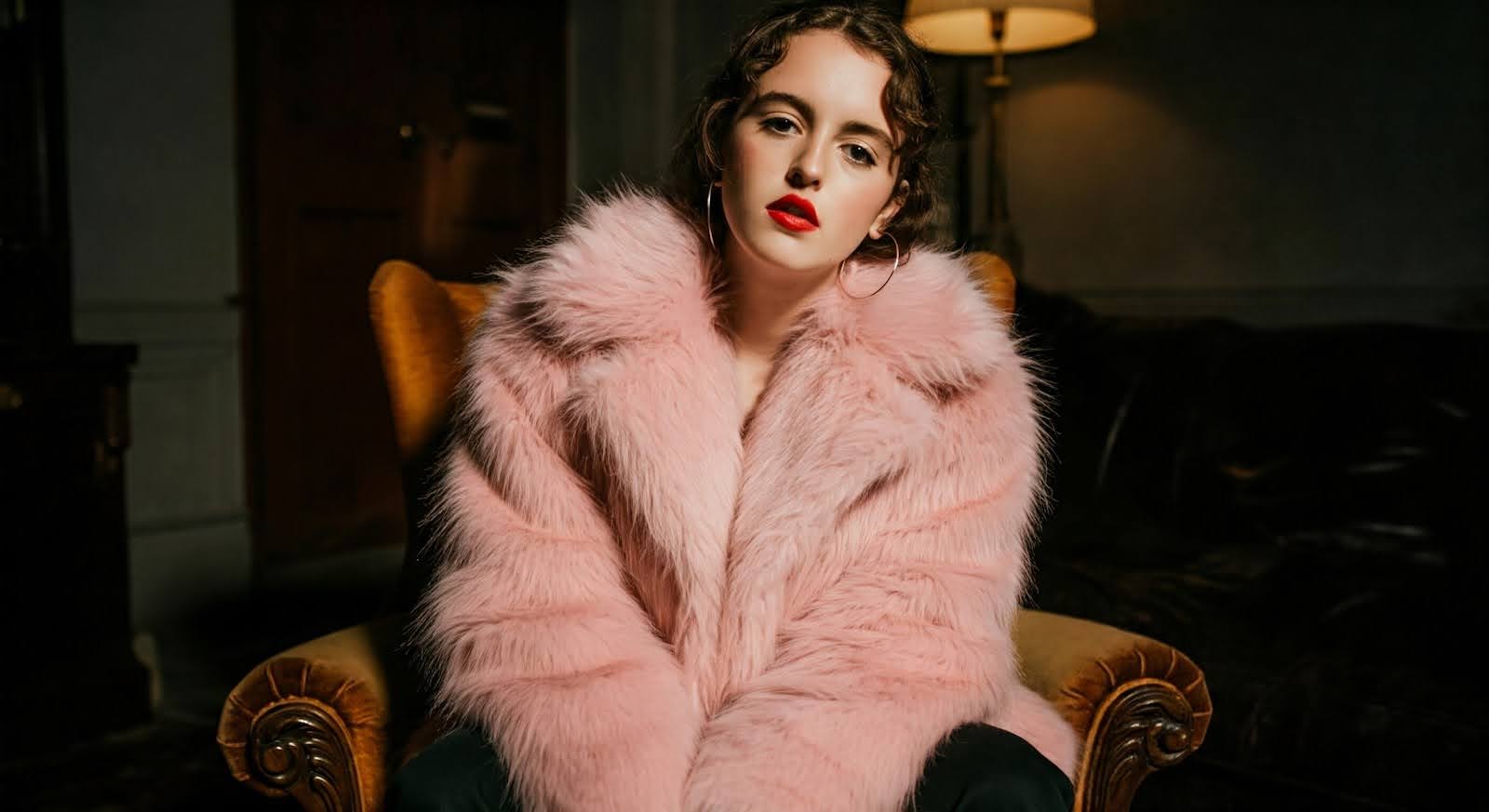 A girl sits in a vintage chair wearing a pink faux fur jacket.