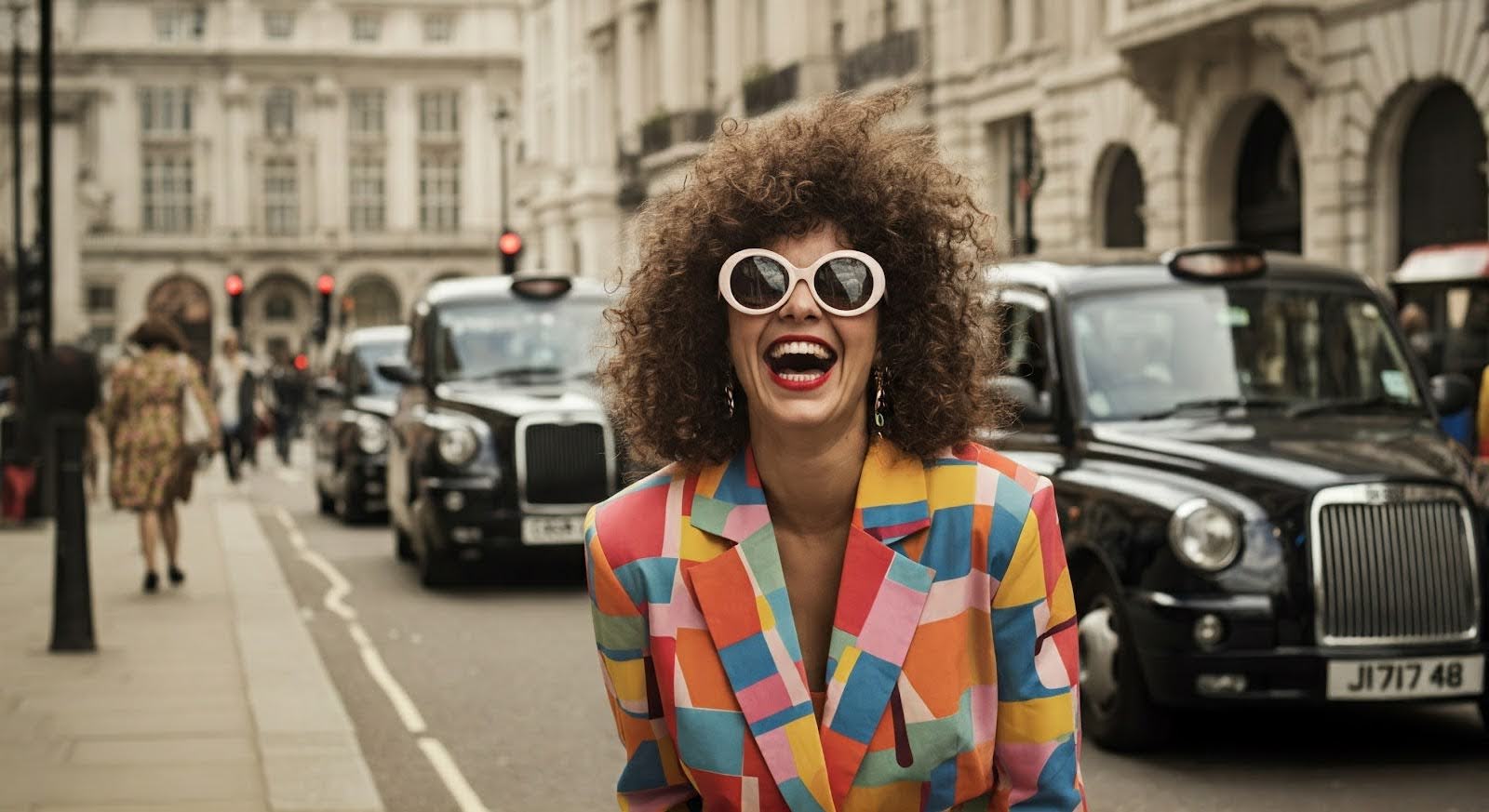 A woman in a very colourful blazer and big white sunglasses laughs into the camera