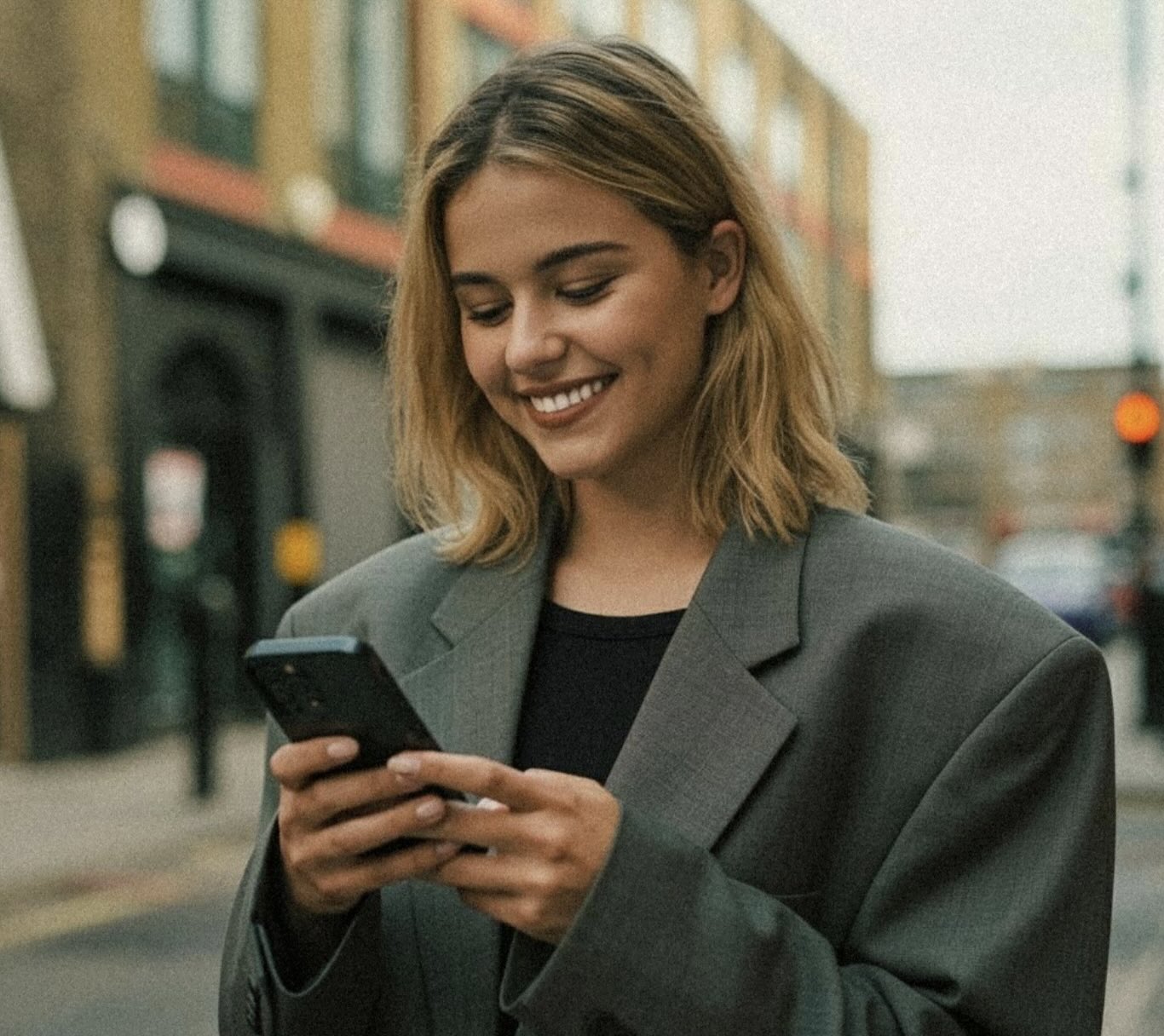 A Gen Z girl in an oversized grey blazer looking at her phone in the streets of Shoreditch