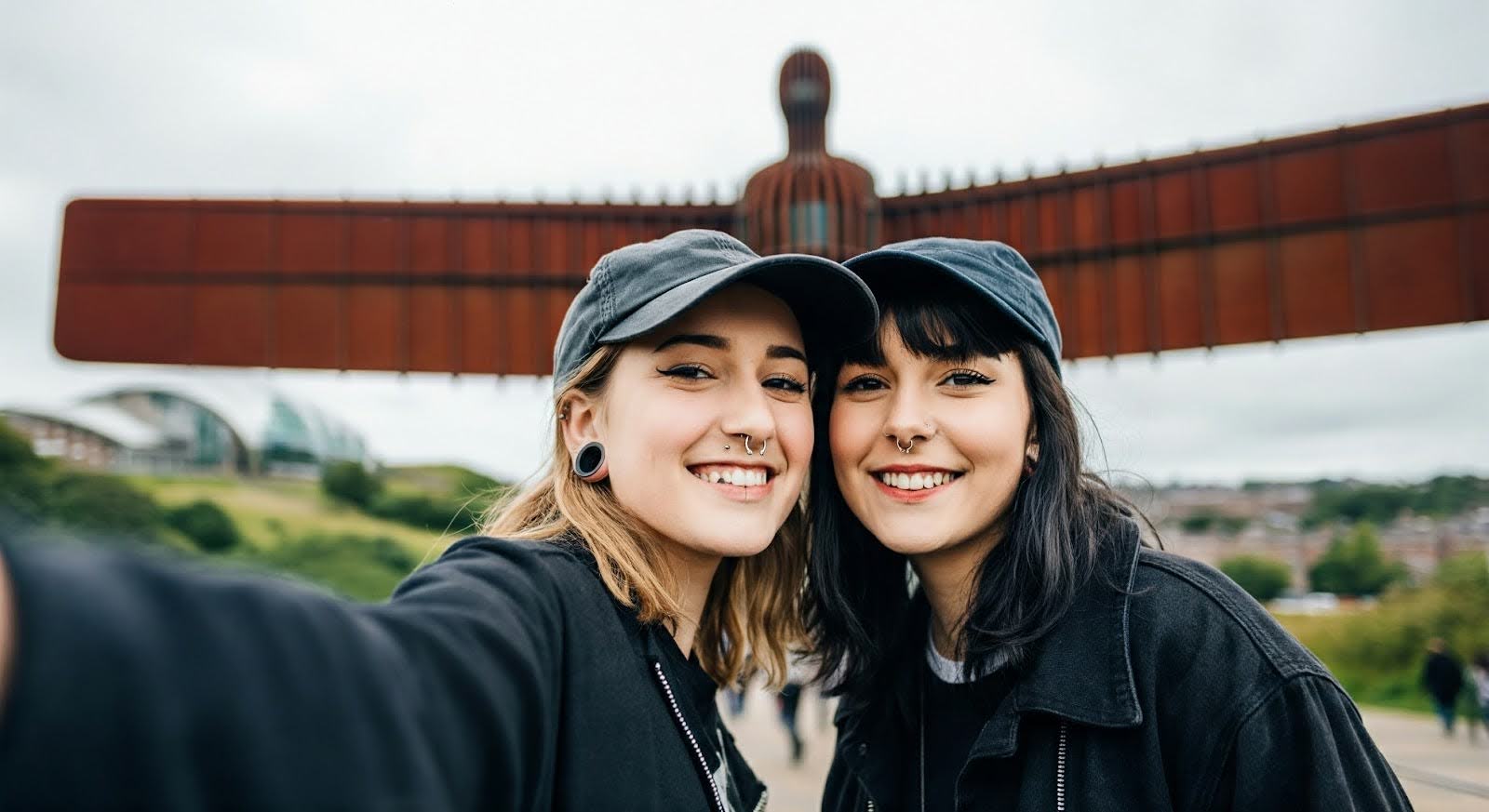 Two Gen Z girls take a selfie by the Angel of the North, Newcastle