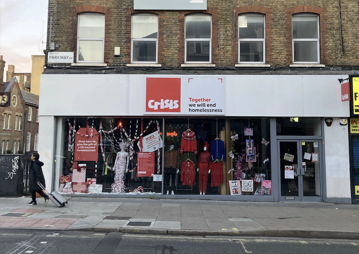Shop front of the Crisis charity shop on Parkway in Camden