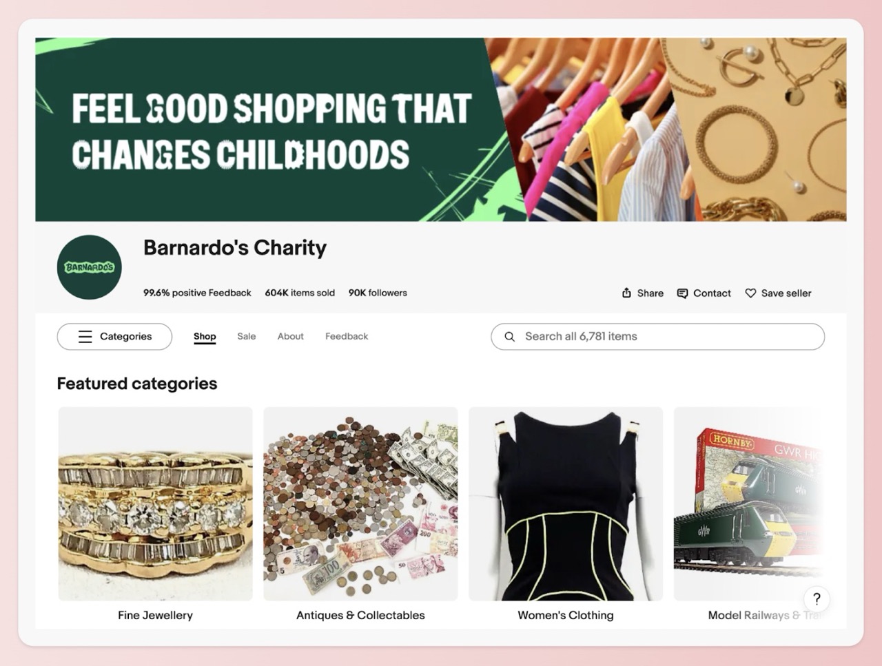 A screenshot of the Barnardo's Charity eBay web store