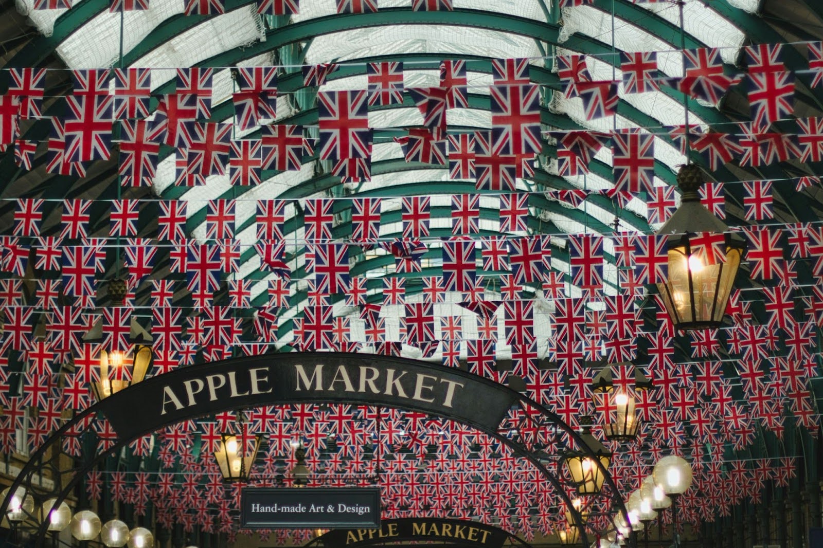 Covent Garden’s Apple Market, adorned with hundreds of small Union Jack flags