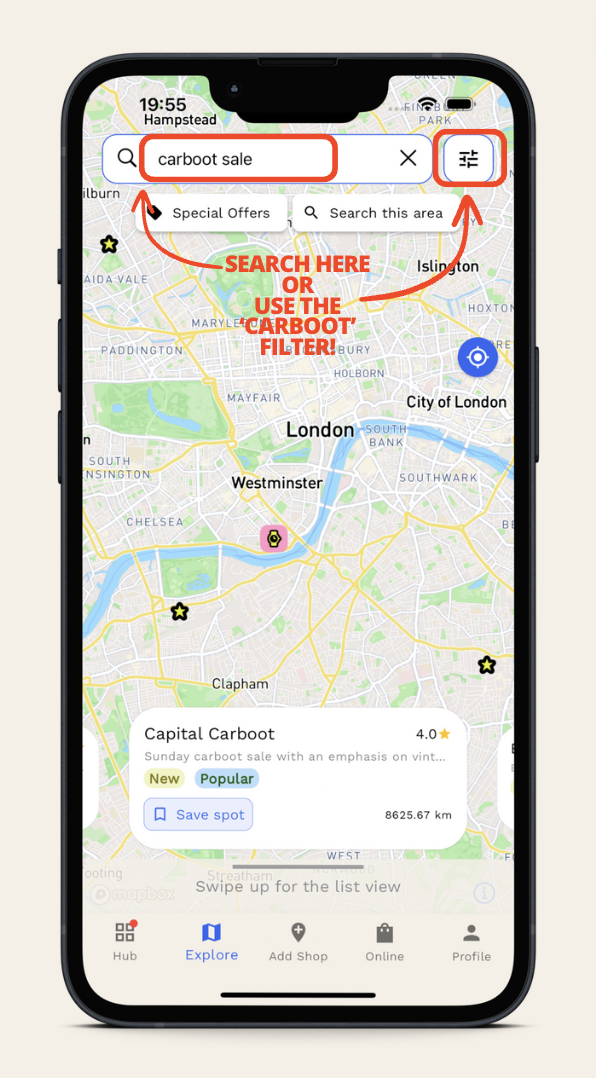A screenshot of the Ganddee app that shows how to find carboot sales