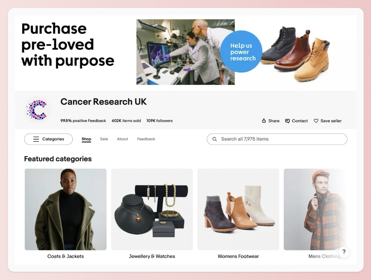 A screenshot of the Cancer Research UK eBay web store