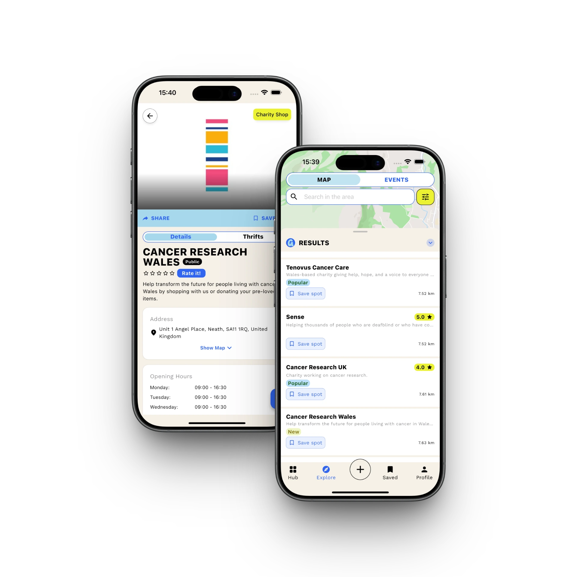 Two smartphone screens showing the Ganddee app with charity shop listings and store details.