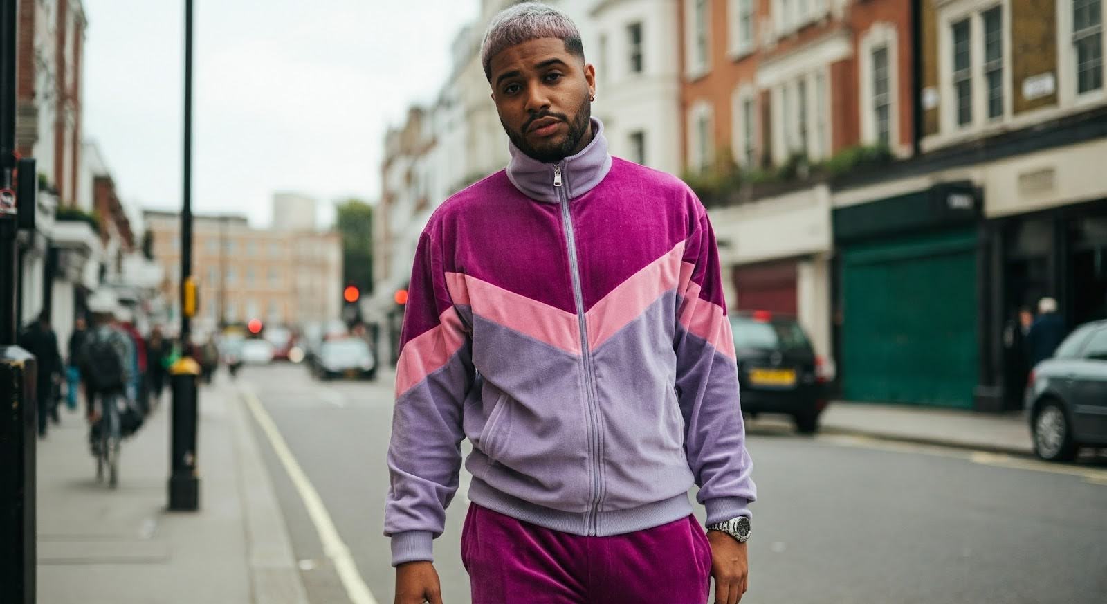 A guy in the street posing with a pink and purple Velour tracksuit.