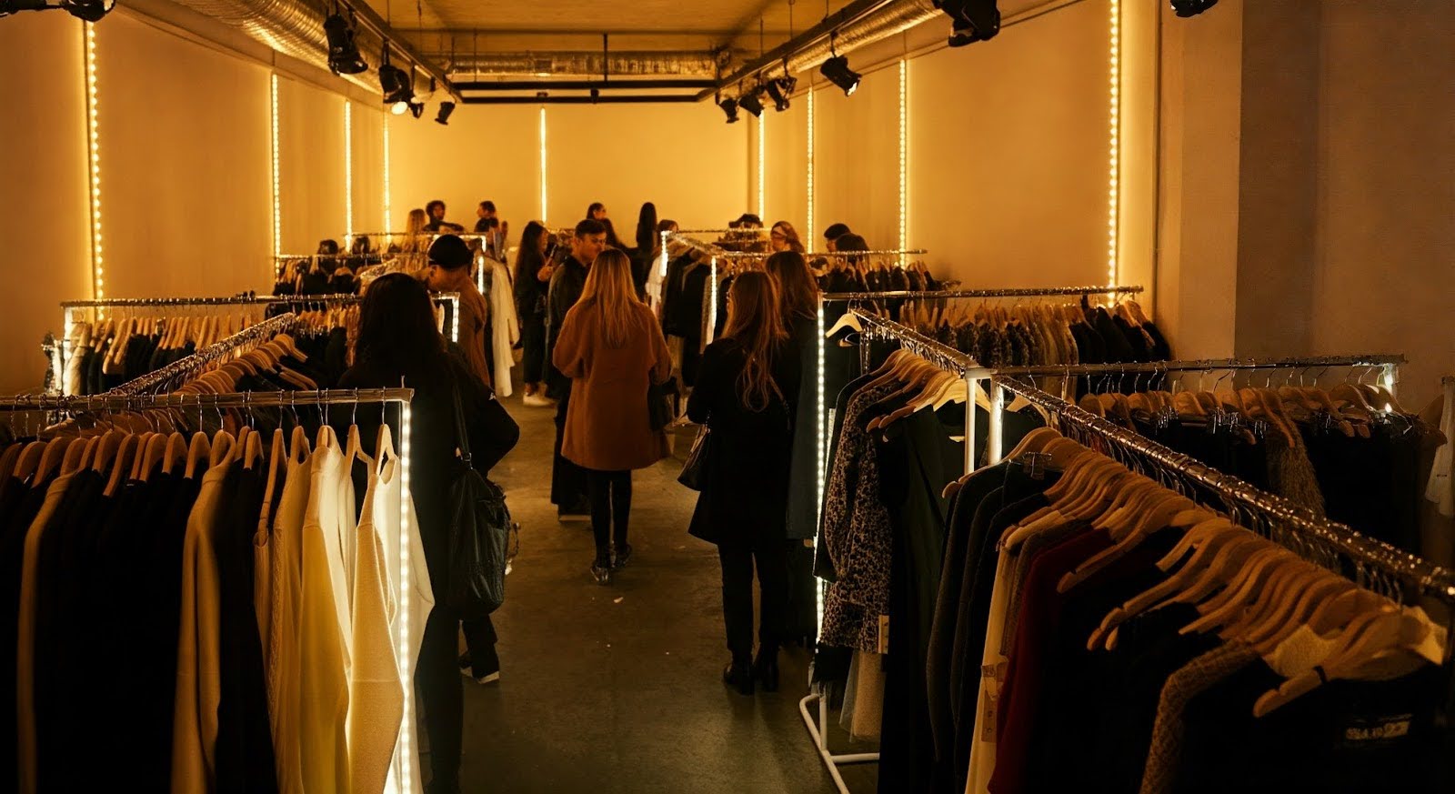 A low-light sample sale in London with handers and lots of people in a narrow event space