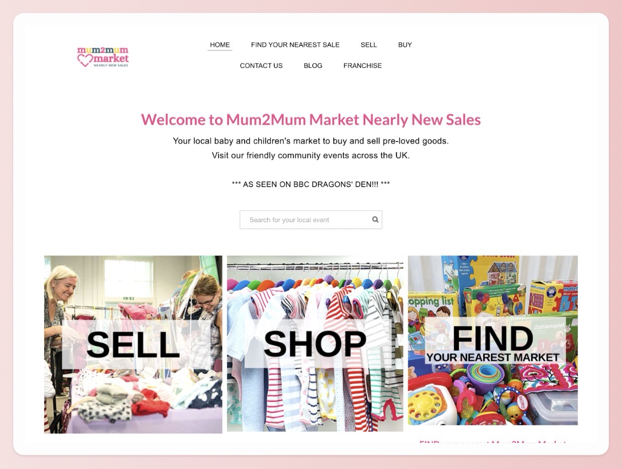 A screenshot of the Mum2Mum market website homepage