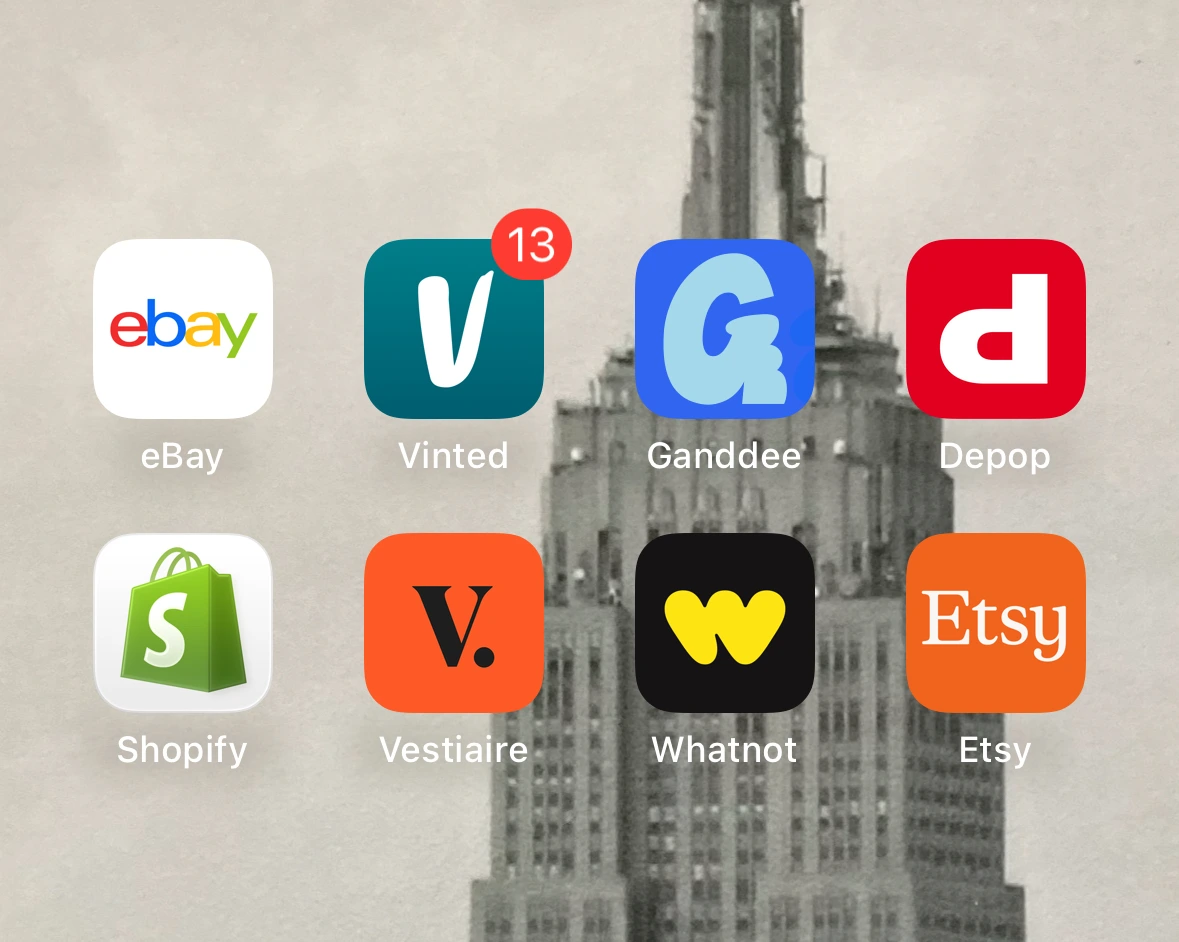 Smartphone home screen showing popular second-hand shopping apps including eBay, Vinted, Ganddee, Depop, Shopify, Vestiaire, Whatnot and Etsy.