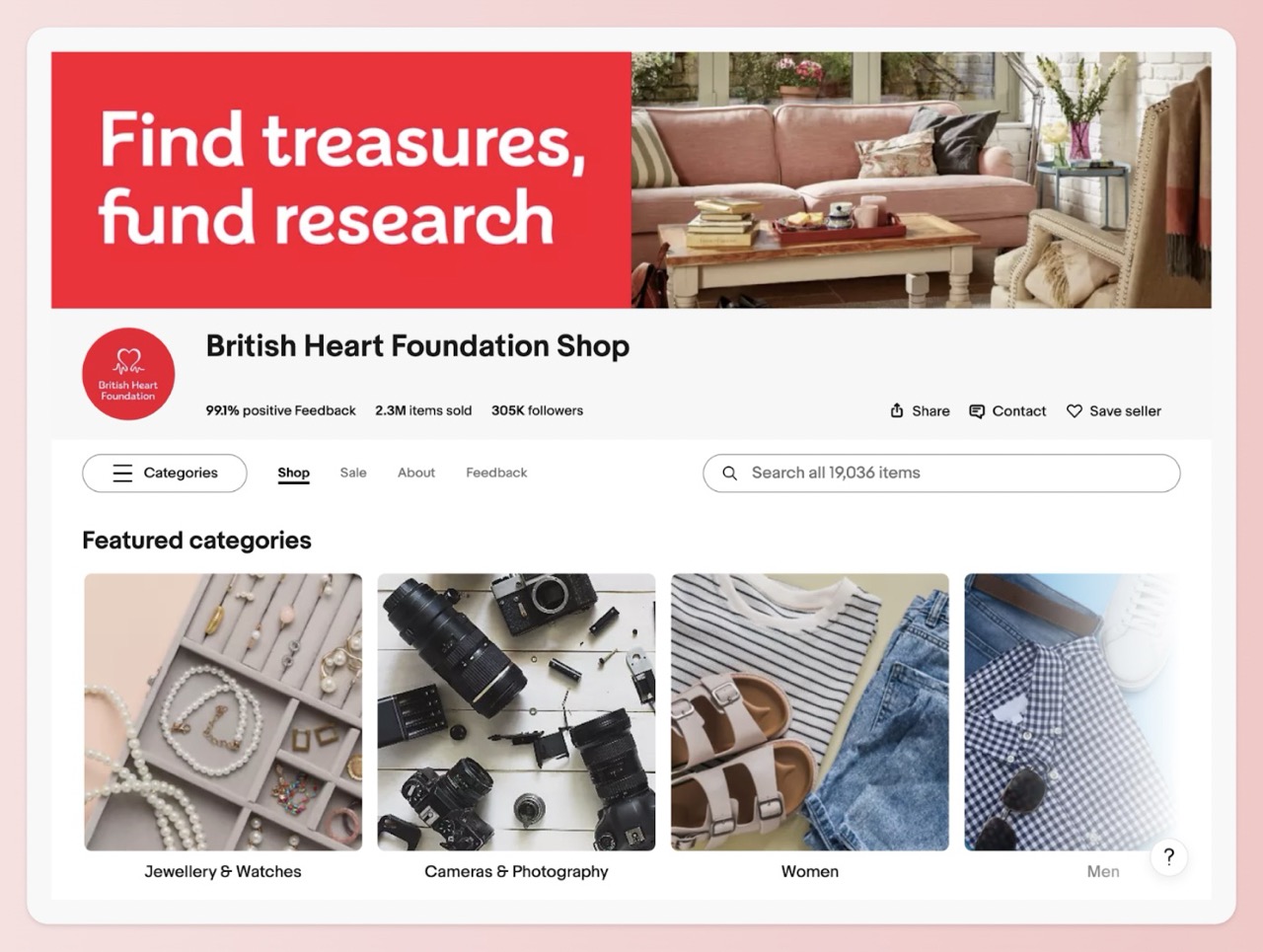 A screenshot of the British Heart Foundation Shop on eBay