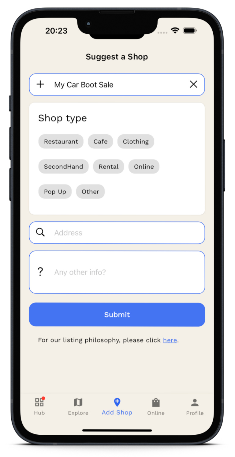 A screenshot of the Ganddee app to show how to list new shops